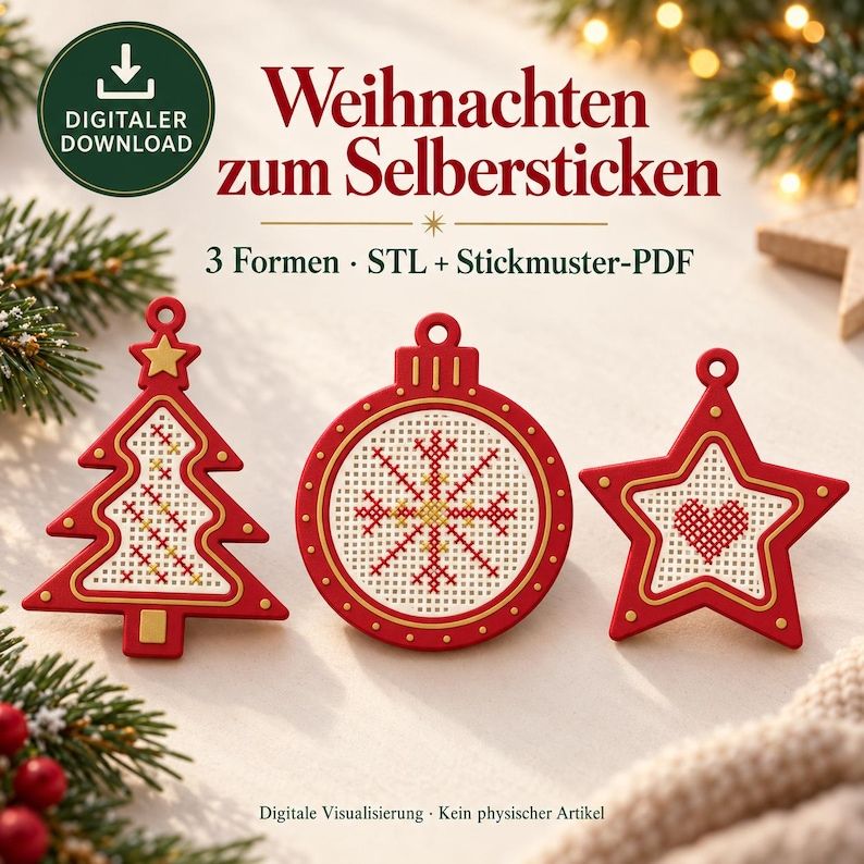 Visualisierung von drei Weihnachtsanhängern mit Kreuzstich-Gitter