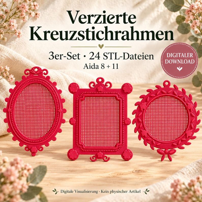 Visualisierung von drei verzierten Kreuzstichrahmen in Rot: barock, viktorianisch und mit Blütenkranz