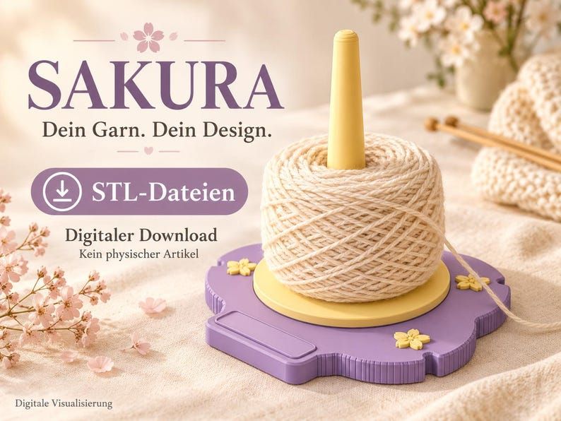 Visualisierung des drehbaren Sakura-Wollgarnhalters als Druckvorlage