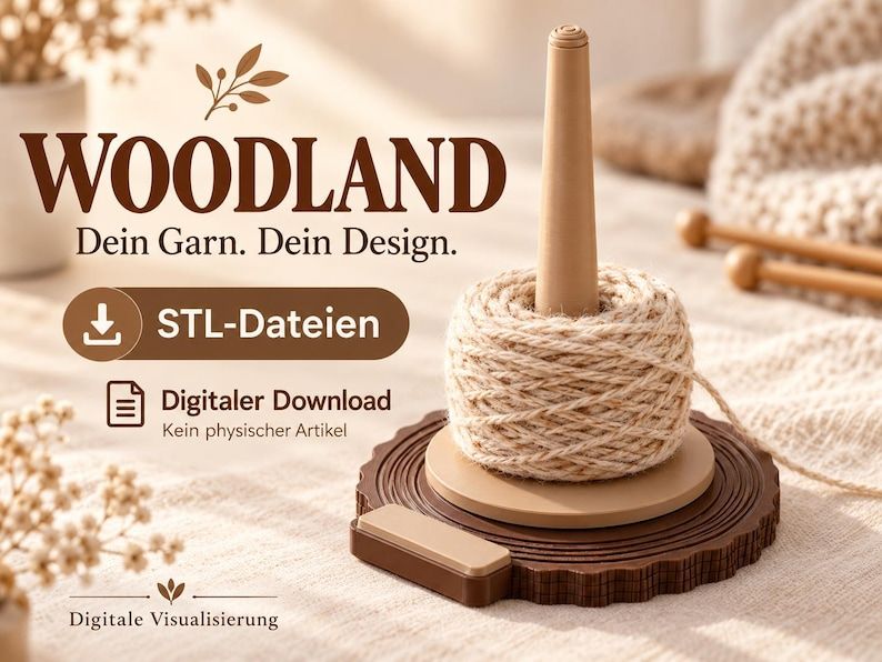 Visualisierung des drehbaren Woodland-Wollgarnhalters als Druckvorlage